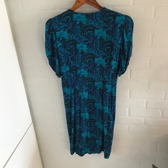 Vintage Mini Dress Sweetheart neck Cobalt Blue/turquoise Paisley Floral print M - Picture 7 of 8